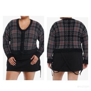 Social Collision Grey Plaid Fuzzy Crop Cardigan Goth Punk Dark Academia Sz 2 2X